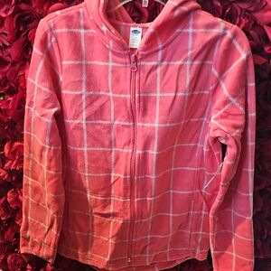 Old Navy NWT Girls Salmon Fleece Checkered Zip-up Jacket Size Large 10/12
